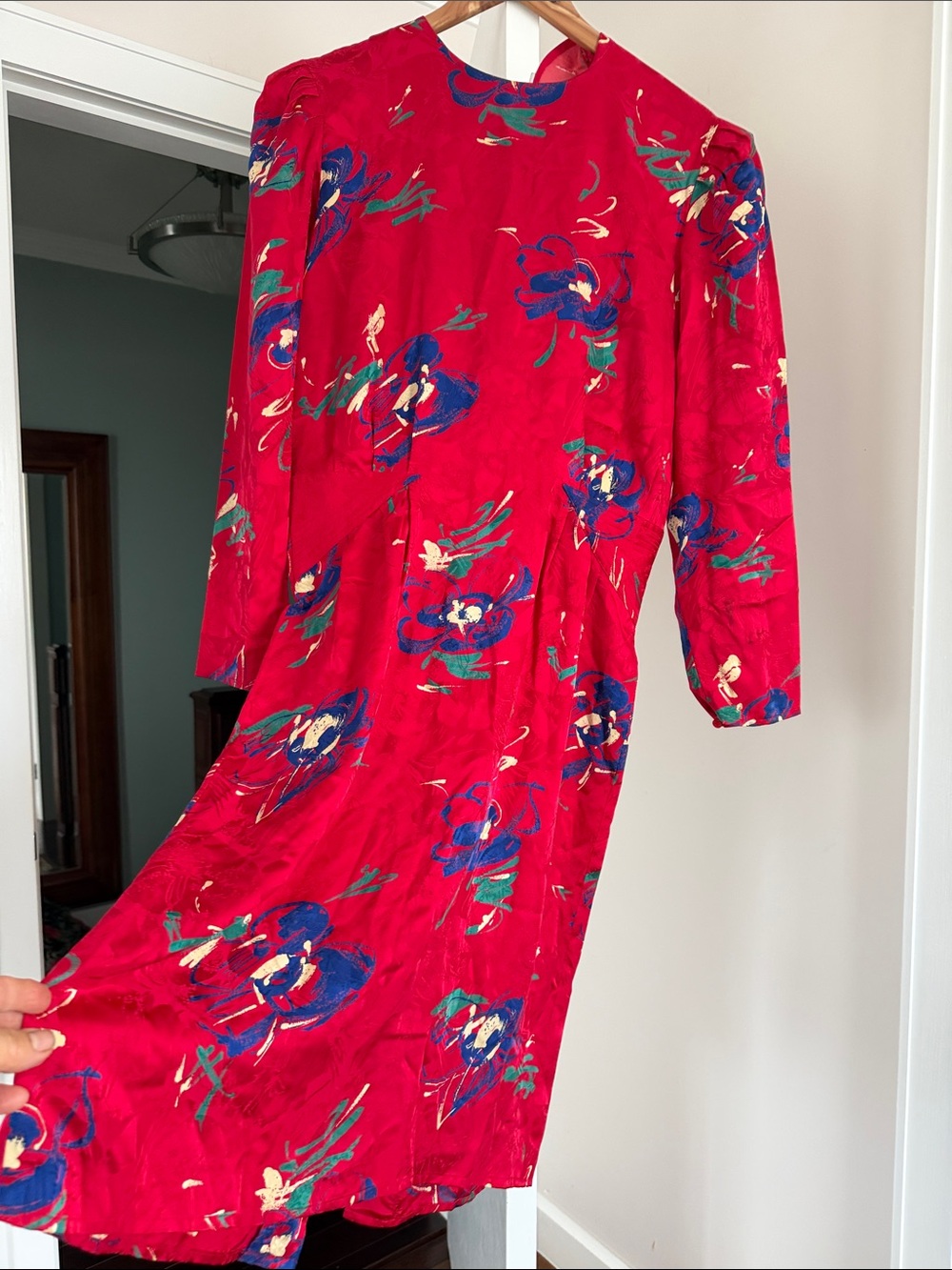 ARGENTI  Pure Silk Red Print Green Long Sleeve Dress Size: 14